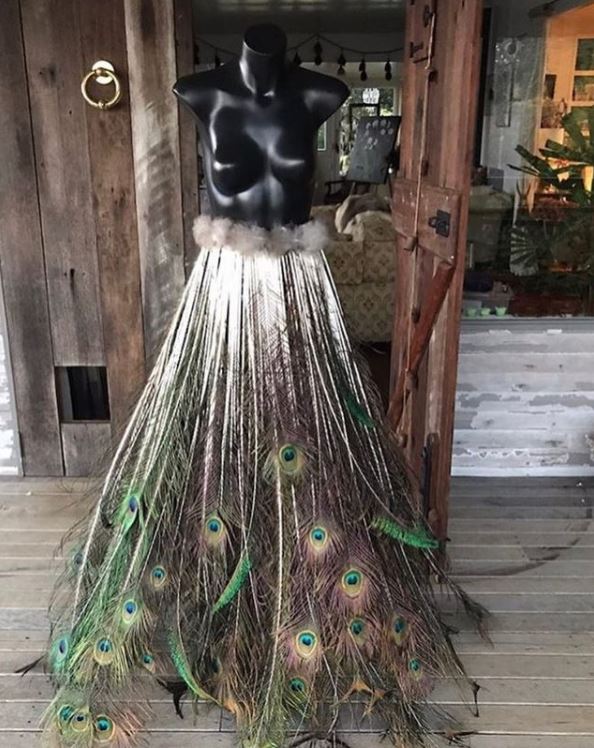 Feather art - peacock skirt on mannequin
